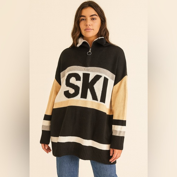Sweaters - SKI Women's Henley Sweater | Black and Cream | Trending‎ Ski Logo | XL